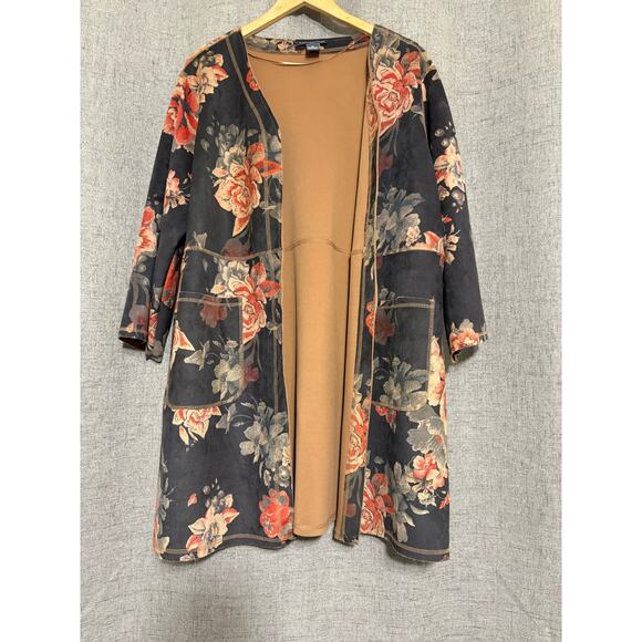 Chelsea Theodore Jacket Woman 2X Orange Gray Floral‎ Faux Suede Leather Shawl - Picture 1 of 8